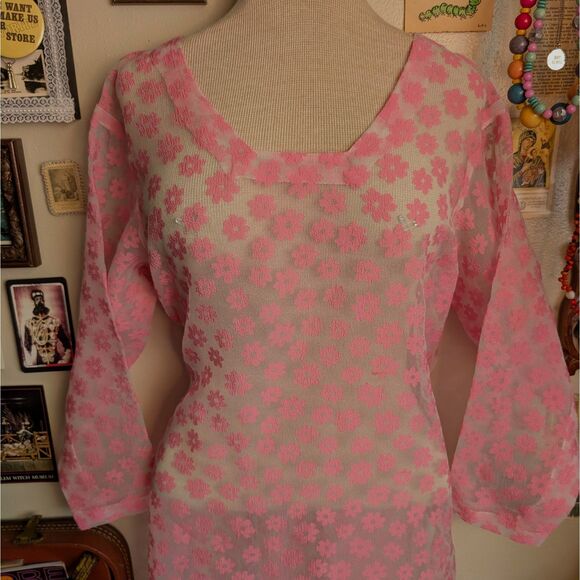 Floral Print Midi Dress Women's Small/Medium Pink Sheer Vintage Cover Up - Picture 2 of 3
